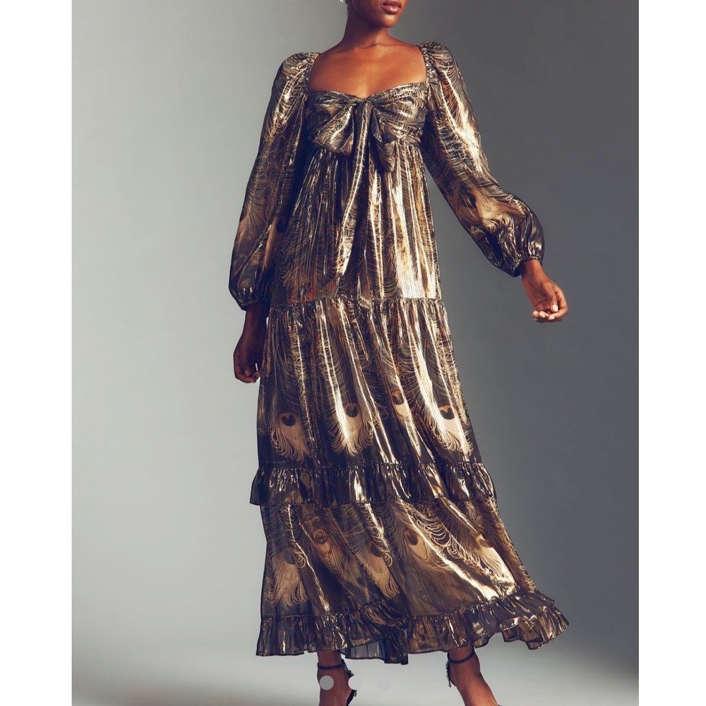 Anthropologie Metallic Gold Peacock Print Black Maxi Dress Womens Size XS NEW